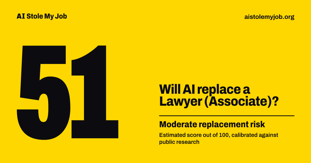 Share card in the moderate-risk gold: Will AI replace a Lawyer (Associate)? 51 out of 100, moderate replacement risk, an estimate. aistolemyjob.org